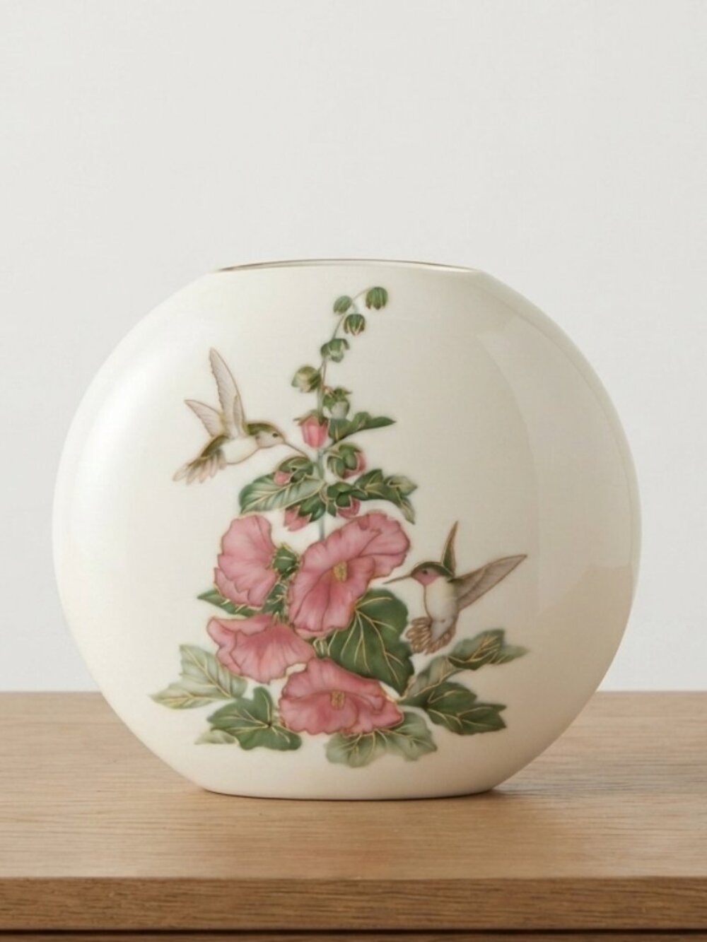 Vintage Otagiri Japan Hummingbird Hibiscus Round Porcelain Bud Vase 5 In